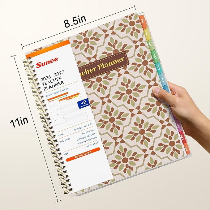 SUNEE Teacher Planner 2026-2027 Academic Year, 7 Periods Lesson Plan Book Jul 2026 - Jun 2027, 8.5"x11" Weekly Monthly Organizers Vertical Layout with Calendar, Bookmark, Waterproof Cover,Retro Floral