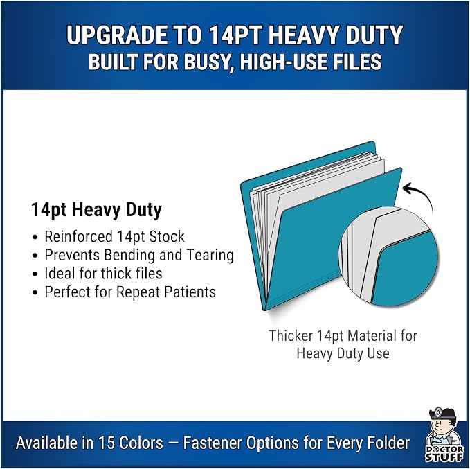 Teal File Folders, Doctor Stuff, Letter Size Reinforced End Tab Folder with 2" Bonded Fastener on Inside Front and Back, 14 pt Stock, Carton of 250