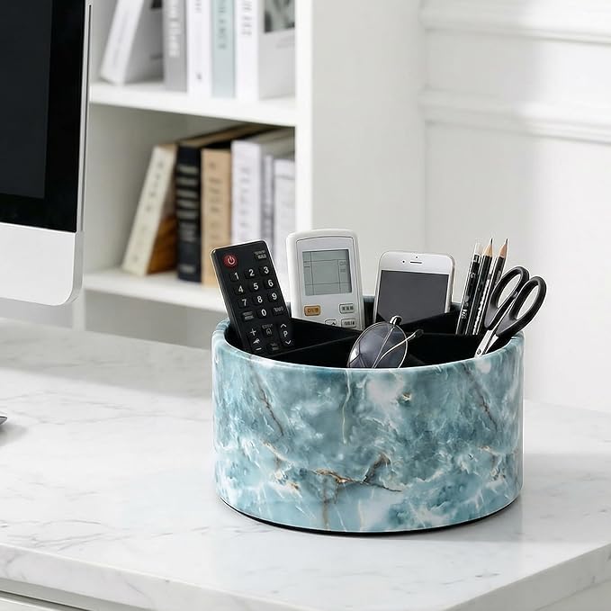 Remote Control Holder, 360°Spinning PU Leather Desk TV Remote Caddy,Desk Storage Box Room Accessories for Controller, Media,Mail,Calculator, Mobile Phone,Pencil(1-Big Marble Green)
