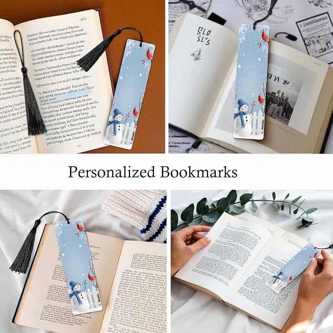 Snowman Bookmarks Set 5 with Tassels Winter Cardinal Bird Blue Christmas Wooden Bookmarks for Reading Women Men Students Teachers School Supplies