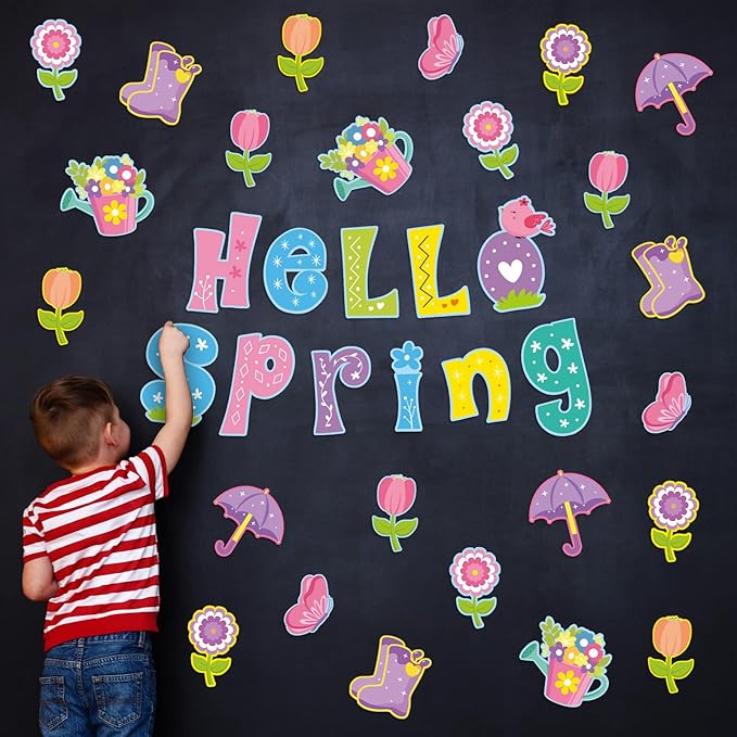 Hello Spring Flower Cut Outs for Spring Bulletin Board Decorations for Classroom with 100Pcs Glue Points,Spring Floral Classroom Decorations for Kindergarten School Spring Party Supplies (46Pcs)