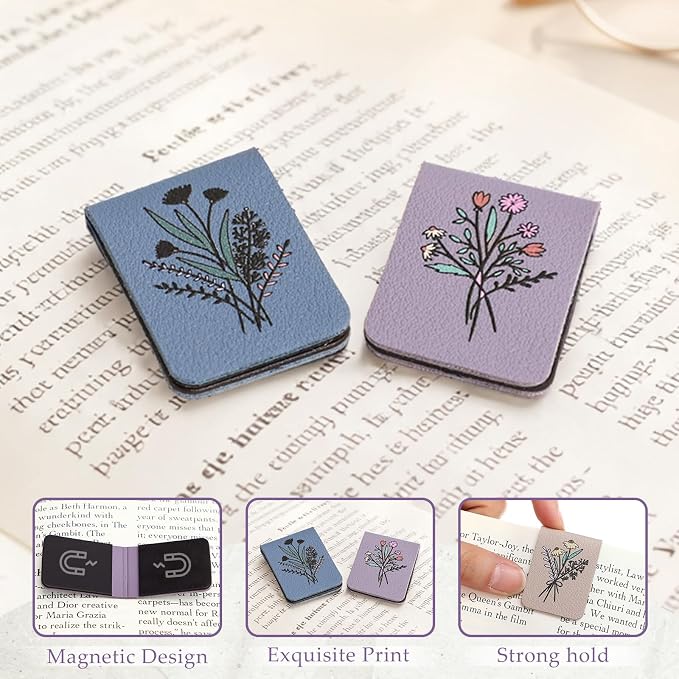 Hsei 6 Pcs Magnetic Leather Bookmark Floral Magnet Leather Book Marker Clips Accessory Women Flower Cute Reading Gifts for Bookworm Lovers Mother's Day Birthday Teacher's Appreciation Gift(Morandi)