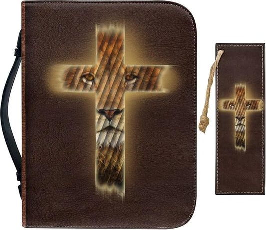 Vintage Religious Cross and Lion Bible Case with Bookmark Waterproof Bible Cover Case for Women Lightweight Bible Bag with Handle Pockets Church Book Bag Brown