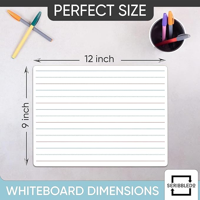 Scribbledo 5 Pack Lined Dry Erase Boards with Markers and Erasers, 9x12 Inch Double Sided White Board with Lines, Lined Dry Erase Boards for Students, Whiteboards with Lines for Classroom, Home