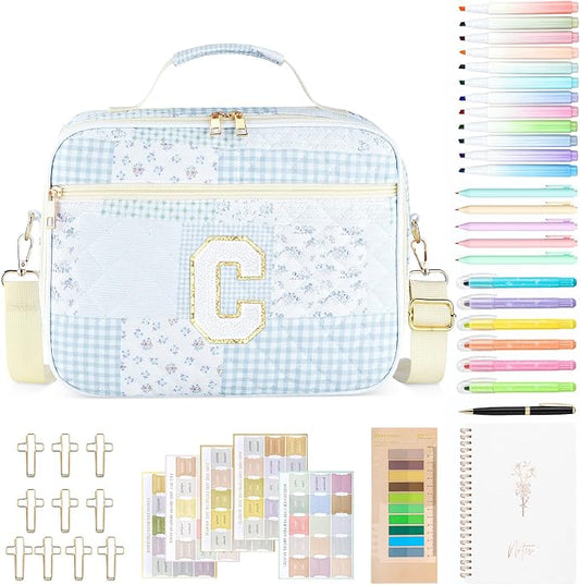Personalized Initial Bible Cover Case for Women, Large Quilted Bible Bag with Durable Handle, Stylish Church Bag Journaling Kit with Study Supplies Accessories, Christians Gifts for Women (Spliced-C)