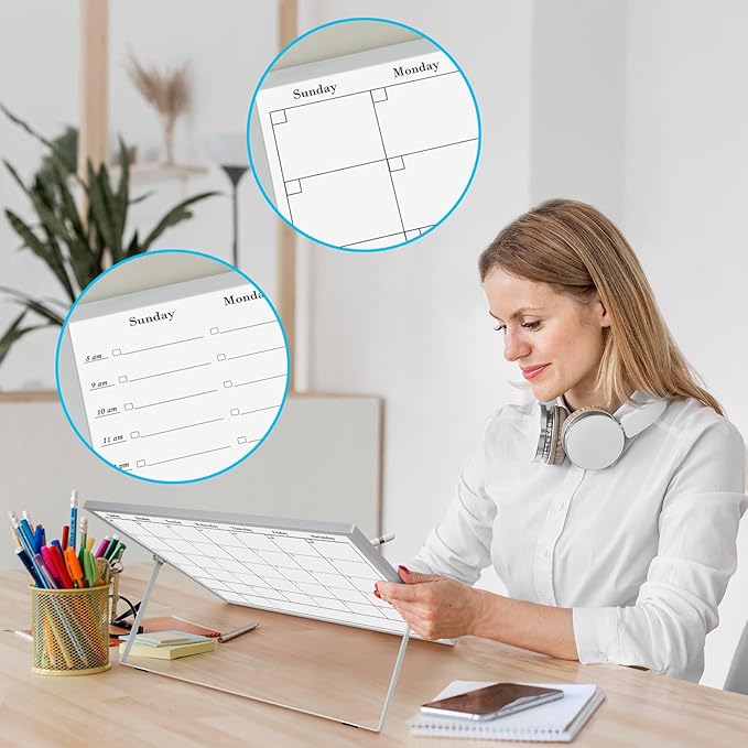 ONAVIA Desktop Whiteboard with Stand, 16"×12" Double-Sided Magnetic Dry Erase Calendar, Weekly Monthly Schedule with Time Slots, Portable for Home, Office, Planning, Memo, to Do List