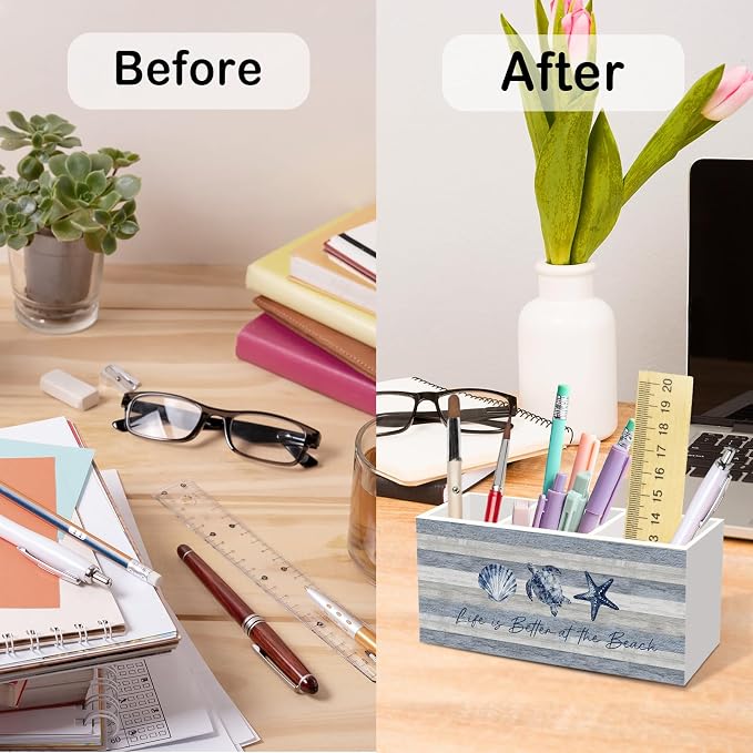 Coastal Beach Pen Pencil Holder for Desk Decor, Inspirational Ocean Office Desk Accessories, Blue Turtle Coastal Pen Holders Organizer for Office Bathroom, Life Is Better at the Beach