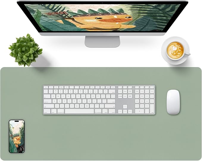 Bloss Leather Desk Mat, Large Mouse Pad, Non-Slip Desk Protector Mat, Leather Desk Blotter, Waterproof Desk Pad for Office Home Decor/Grey Green(35.4×15.7 Inches)