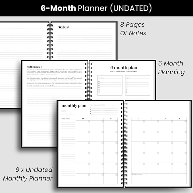 Undated Daily Planner | 2026 Calendar | Large Daily and Monthly Planner with Hourly Schedule, 8.5" x 11" | 6 Month, Full Page a Day, To do List, Time Blocking, Black Aesthetic Hardcover Spiral Notebook