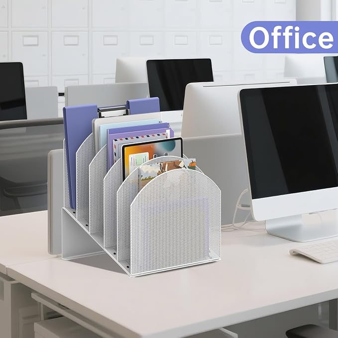 5-Section Desk File Organizer, Vertical File Organizer for Desk, Mesh Mail Holder for Letter Size Folders, White