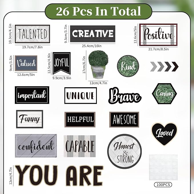 FYSUIMU 26Pcs Modern Farmhouse Inspirational Bulletin Board Decorations Motivational Sayings Paper Cutouts with 100Pcs Glue Points for Back to School Party Classroom Craft Wall
