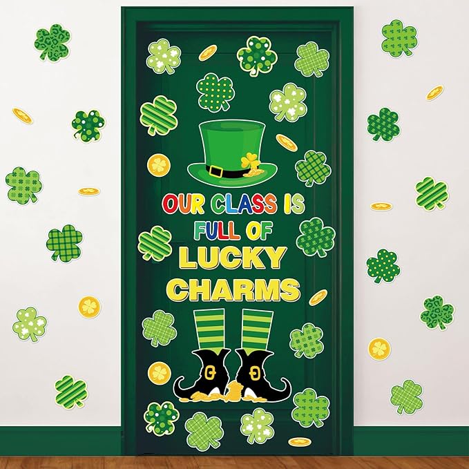 FYSUIMU St. Patrick' s Day Classroom Door Decoration Bulletin Board Set Lucky Clover Shamrock Gold Coin Paper Cutouts for School Classroom Chalkboard Wall Door Welcome Decor