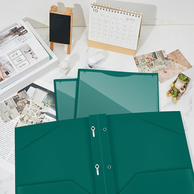 Henoyso 36 Pcs Plastic Folder with Clear Front Pocket and 3 Prong Plastic Folders with Card Slot Pocket Folders with Prongs for School Office (Forest Green)
