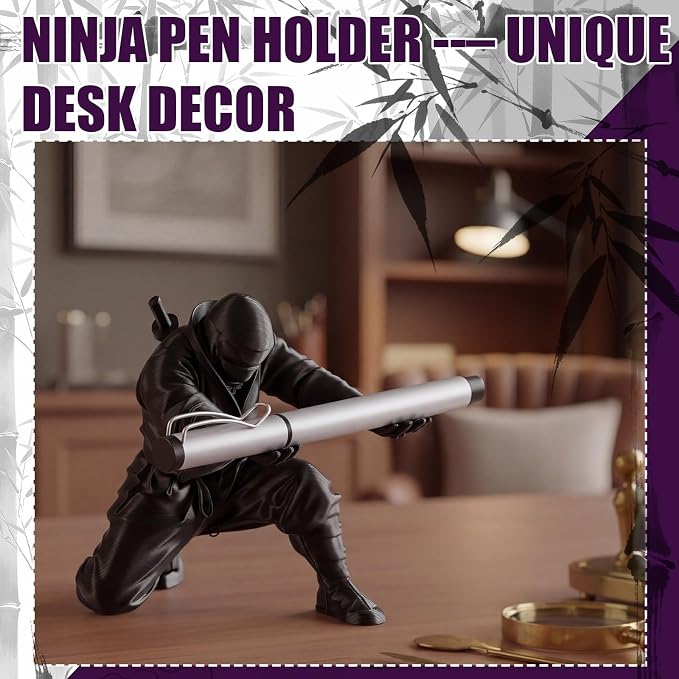 Tenceur 3D Printed Ninja Pen Holder, Black Ninja Warrior Samurai Desk Organizer with Sword, Cool Figurine Pen Stand for Men Dad Father Office Home Back to School Classroom Funny Gag Gift