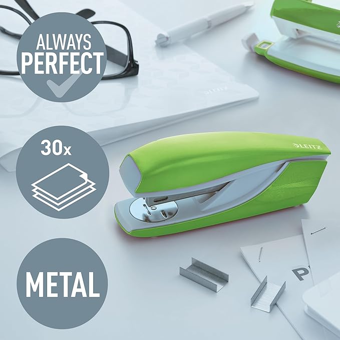 Leitz 55022054 Stapler, 30 Sheet Capacity, Ergonomic Metal Body, includes Staples, WOW Range, Green