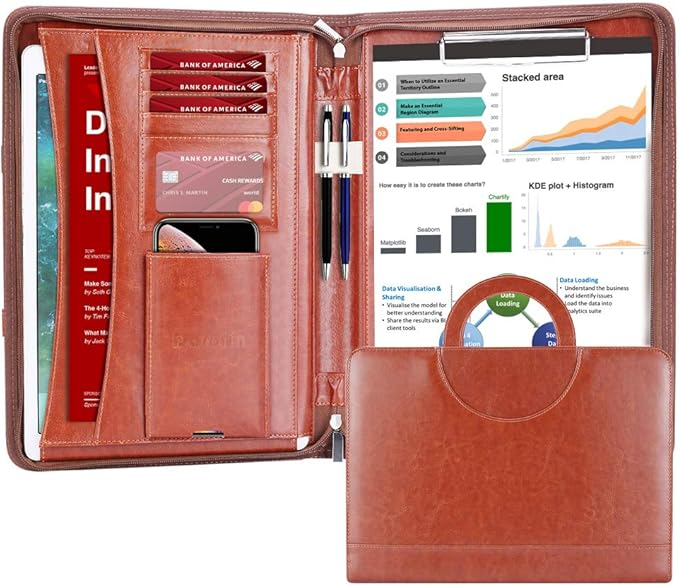 Darolin Zippered Leather Padfolio Portfolio with Hidden Handle and Clipboard, Business Conference Organizer Notepad Folder, Portfolio Bag, Padfolio for Women/Men (Brown)