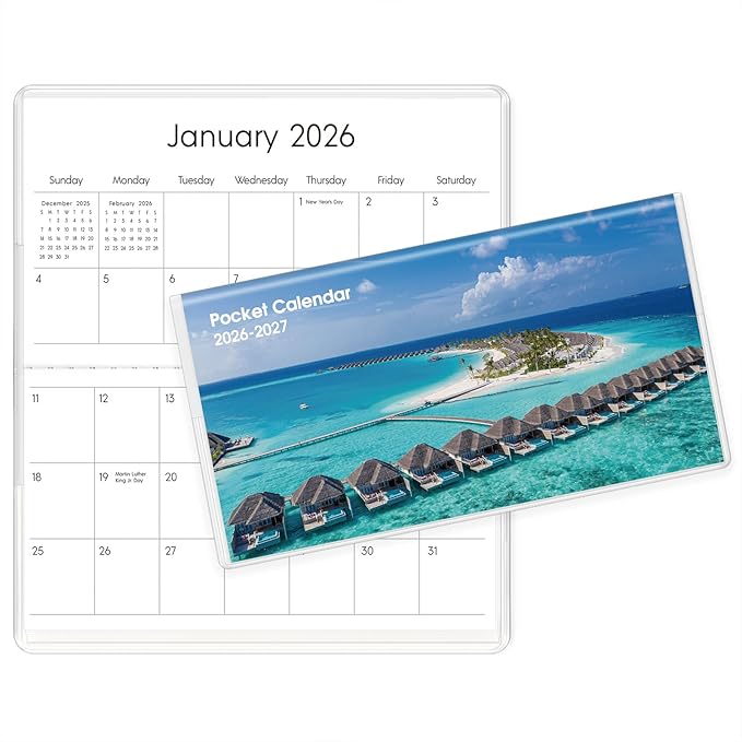 Pocket Calendar 2026-2027 for Purse, 2026-2027 Pocket Planner 24 Months with Soft Waterproof Cover and Premium Paper, 6.5" x 3.5", Beach