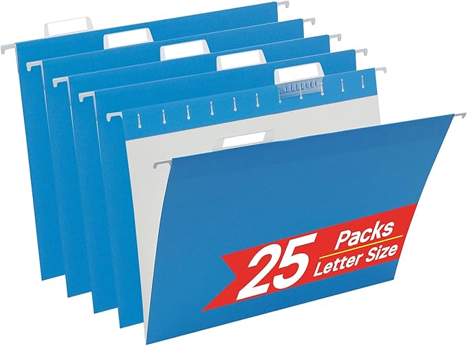 VZCPYTPM 25 Pack Hanging File Folders Letter Size,Blue Reliable Hanging Folders for Filing Cabinet,Reinforced Rods for Smooth Gliding,Includes 1/5 Adjustable Tabs & Inserts,Ideal for Home & Office