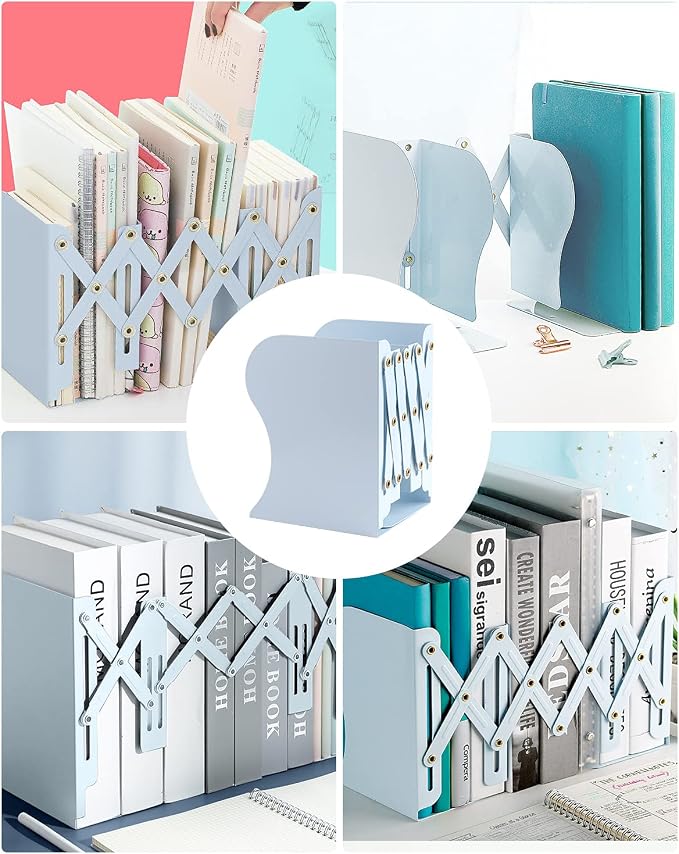 MSDADA Adjustable Bookends, Bookends for Heavy Book, Expandable Book Organizer for Office, School, Libraries, Extends up to 19 inches (Light Blue)