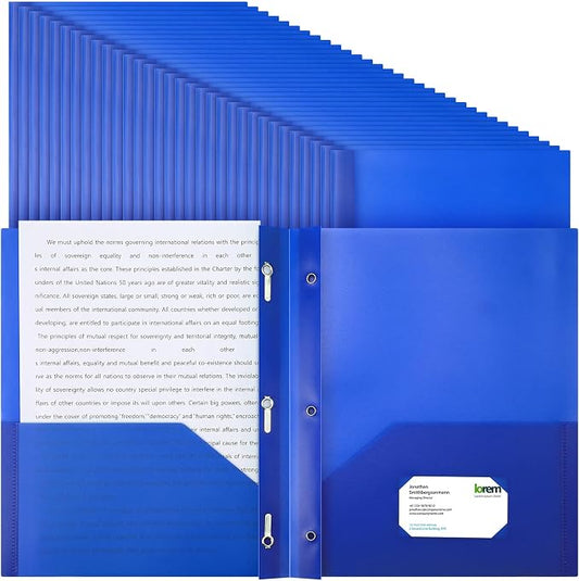 Cholemy 32 Packs Pocket Folders with Prongs Heavy Duty Plastic Folder with Business Card Slot 3 Prong Fasteners for School Office (Blue)
