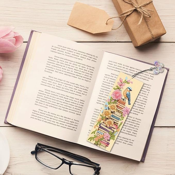 ARTopet 3Pcs DIY Diamond Art Painting Bookmarks with Colorful Butterfly Pendant PET Bookmark Ornament Double Sided Pattern Single Sided Diamond Book Marker Clip Gifts Tags-Book Pile Bird