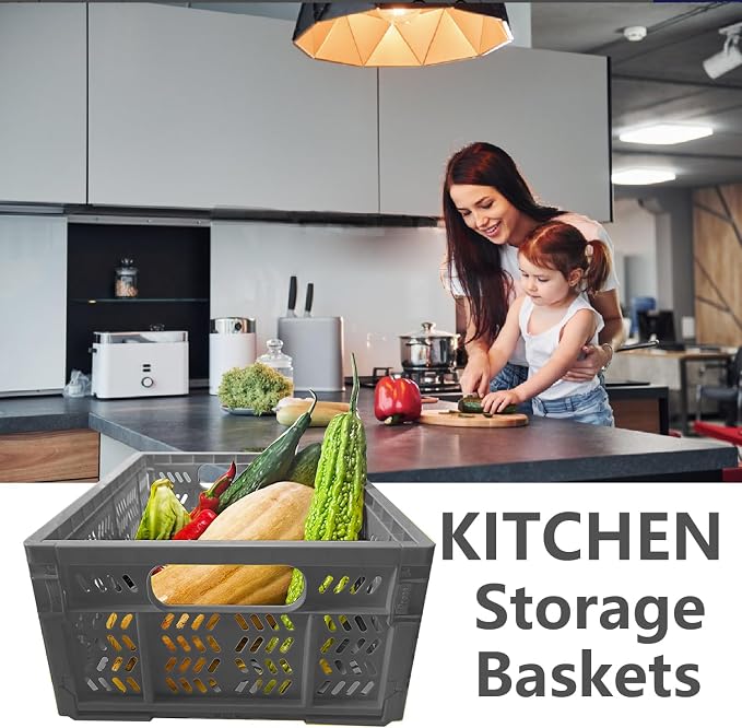 4-Pack Plastic Storage Crates,20L Foldable Baskets,Collapsible Crates, Baskets and Bins for Toys, Home Storage, Office Products, Gifts, Easter Eggs (Grey)