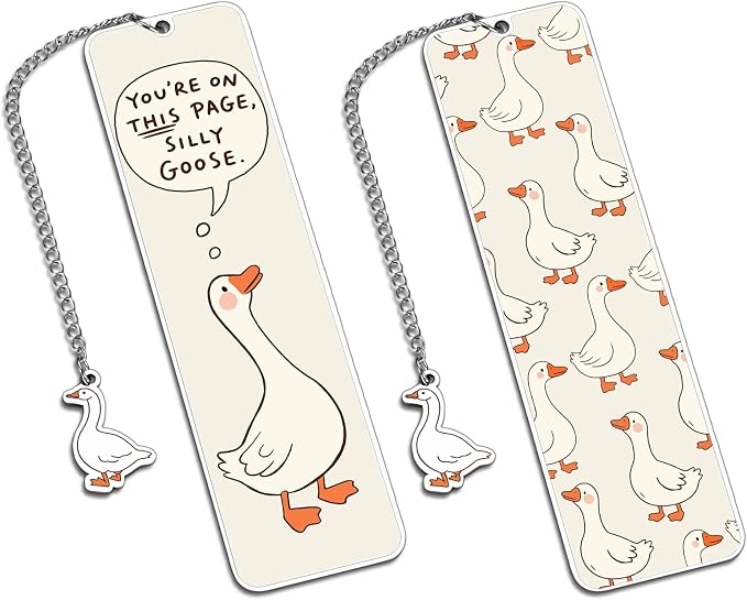 Cute Metal Bookmarks for Women Girls Kids Funny Book Lovers Gifts for Readers Book Lovers Women Book Marks for Reading Women Kids Girls Page Holders for Reading Silly Metal Beige Goose 2-Side