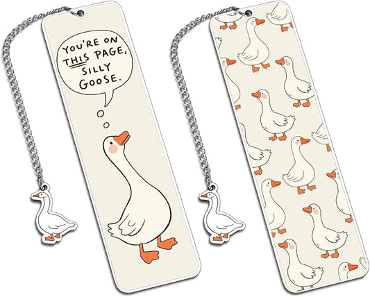 Cute Metal Bookmarks for Women Girls Kids Funny Book Lovers Gifts for Readers Book Lovers Women Book Marks for Reading Women Kids Girls Page Holders for Reading Silly Metal Beige Goose 2-Side
