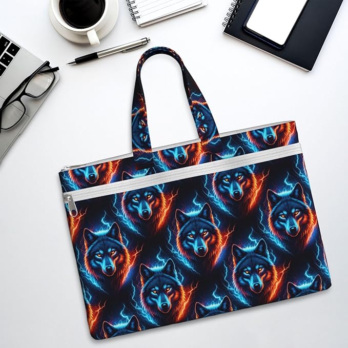 Portable Canvas Document Briefcase, Zippered File Bag with Handle for Office Meeting Travel, Fire Flame Wolf