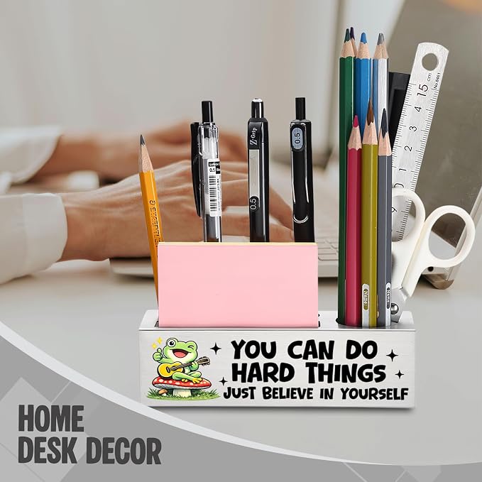 FOKCBOCM Motivational Office Pen Holder with Frog Design, Stainless Steel Desk Organizer Gift for Coworker, Encouragement Workspace Decor, Positive Daily Reminder Desk Accessory-DS119