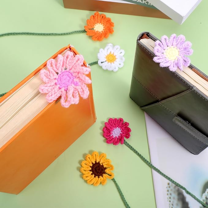 6 Pcs Crochet Flower Bookmarks, Handmade Knitted Daisy Sunflower Book Marks Cute Unique Bookmarks for Women Girls Book Lovers Teachers (6 Color)