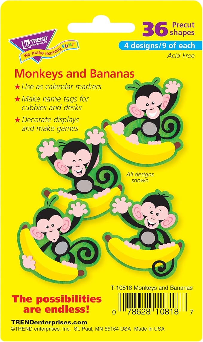 TREND Monkeys and Bananas Mini Accents Variety Pack, Classroom Bulletin Board Cut Outs, 3 Inches, 36 Count
