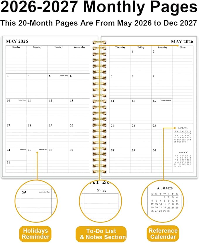 Monthly Planner 2026-2027 - Monthly Calendar from May 2026 to December 2027, 2026-2027 Planner with Inner Pocket, Elastic Band, 5.8" x 8.5", Colorful Large Flower