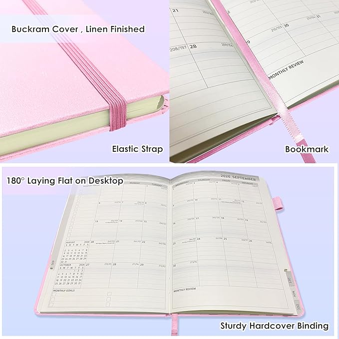 TIIKKASI 2026 Calendar Year Planner Weekly Monthly (Jan - Dec) 6'' x 8.5'' - 2 Pages Per Week - Lined Journal Notebook Minimalist Agenda Notes, Linen Cloth Book Bound Hard Cover, Pink