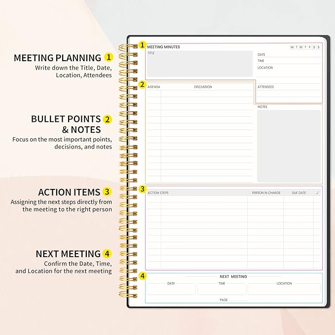 SUNEE Meeting Notebook for Work with Sticky Tabs - 160 Pages, A4 Size Project Planner, Spiral Meeting Agenda/Minutes Notebook Organizer for Women Men, Note Taking, Office & Business, 8.5"x11", Black