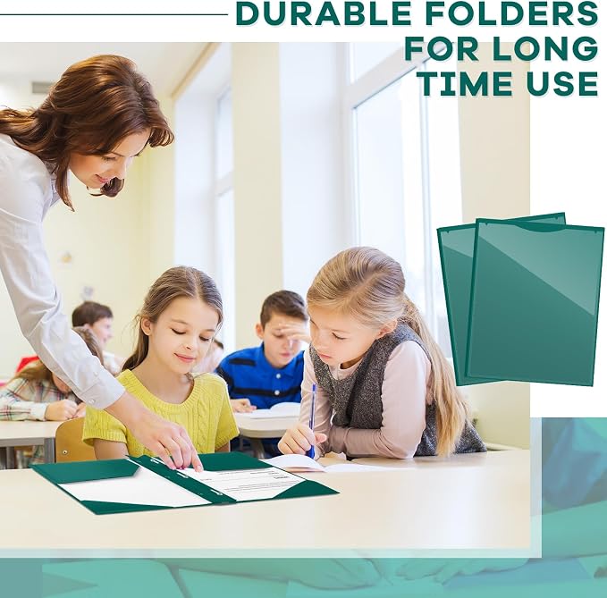 Henoyso 36 Pcs Plastic Folder with Clear Front Pocket and 3 Prong Plastic Folders with Card Slot Pocket Folders with Prongs for School Office (Forest Green)