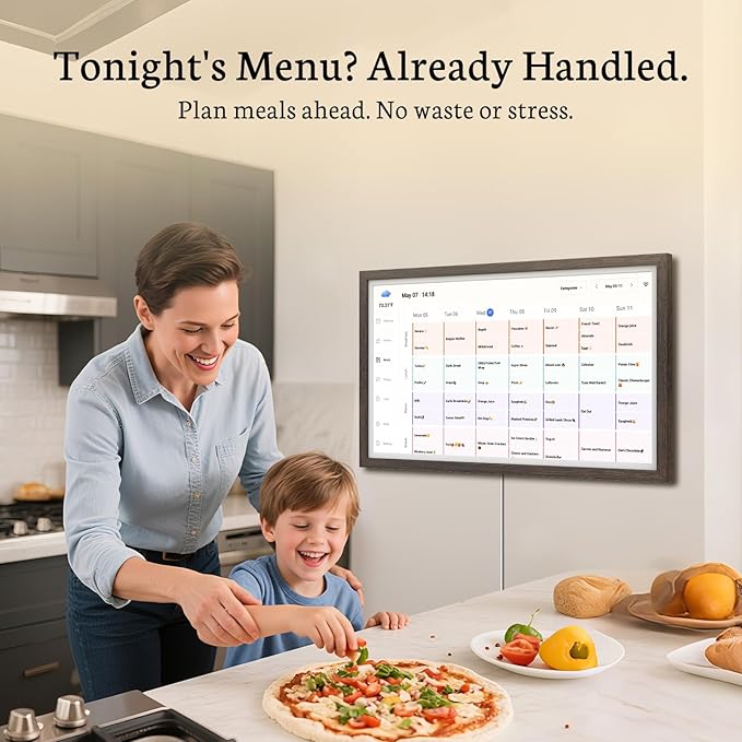 BSIMB 27 Inch Digital Calendar Wall Touch Screen - Chore Chart, Meal Planner, Rewards System, Photo Display, Smart Electronic Calendar Interactive Hearth Display for Family Planner Seamless Scheduling Dark Wood