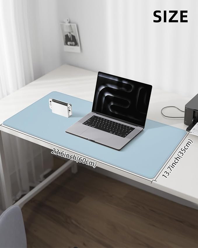 AFIING Desk Pad Protector 23.6" x 13.7" - Non-Slip Waterproof PU Leather Desk Mat for Mouse, Keyboard, Laptop, Office and Home Workspace (Light Blue)