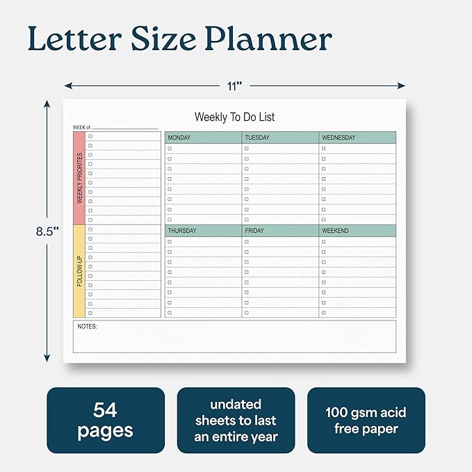 Large Weekly Planning Pad and Matching Notepad, 52 Letter Size Tear-Off Sheets, 8.5” x 11” Undated Desk Planner Pad, Daily Schedule, Weekly Priorities To Do List,for Work and Home