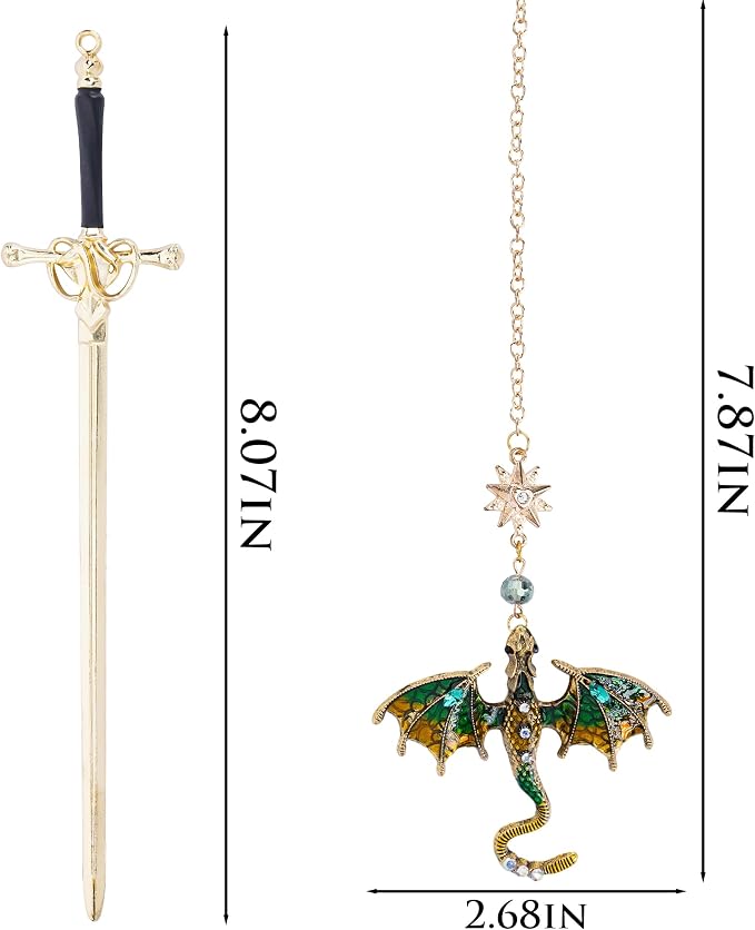 Fantasy Dragon Sward Bookmark - Cool Fourth Wing Page Marker Unique Personalized Tassel Metal Pendant Antique Gold Green Bookmarks Reading Gift Men Birthday Teacher Friend Thank Christmas