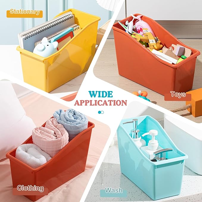 Geetery 12 Pcs Book Bin for Classroom with Labels Stackable Plastic Organizing Bins 11.5 x 5.4 x 7.5 in Book Holders Storage Bins Box Baskets for Classroom Library Home (Wildflower Color)
