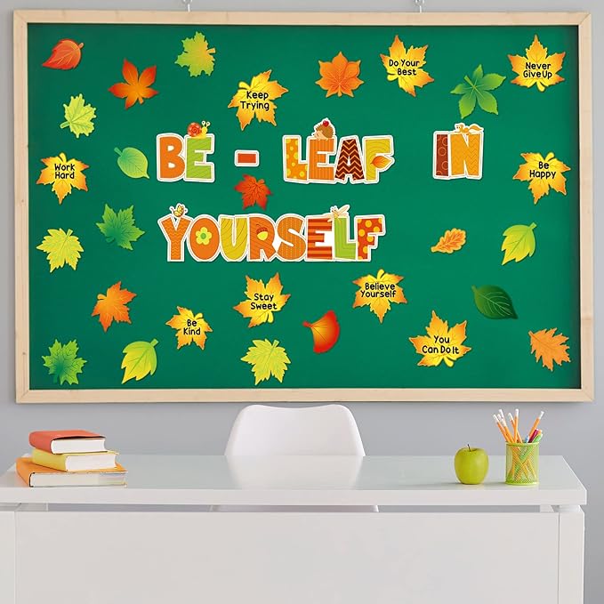 Funrous Fall Bulletin Board Decorations Classroom Fall Tree Maple Leaves Pumpkin Bulletin Board Set Be Leaf in Yourself Inspirational Quote Cutout Autumn Thanksgiving School Wall Decor(Maple Leaf)