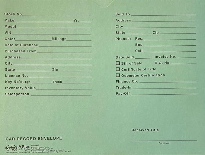 A Plus Car Record Envelope #19 Vehicle Dealer Jackets, 100 Quantity, Green (P17)