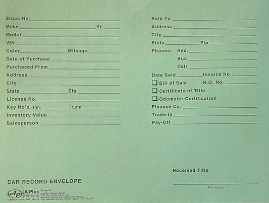 A Plus Car Record Envelope #19 Vehicle Dealer Jackets, 100 Quantity, Green (P17)