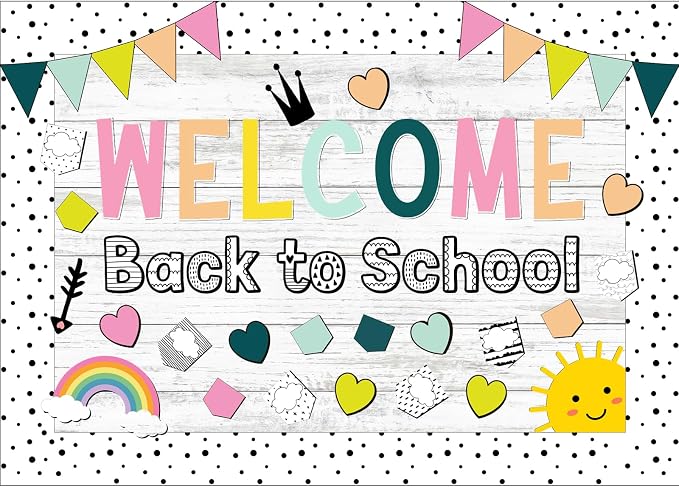 Mooliwe 94 Pcs Composition Notebook Classroom Decor Welcome Back to School Bulletin Board Set Checkered Classroom Decor Smile Face Stationery Paper Cutouts for First Day of School Wall Door(Cute)