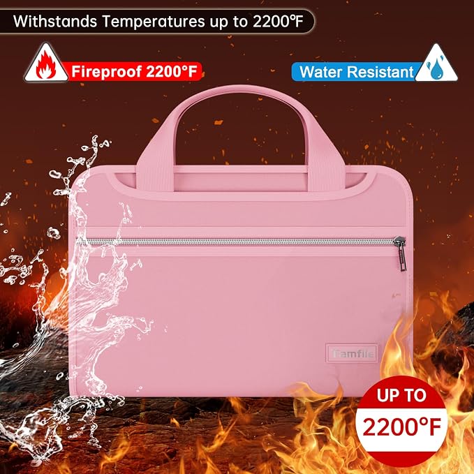 Tamfile Fireproof Accordion File Organizer with Handle, 13 Pocket Colorful Expanding File Folder with Zipper & Labels, File Folder with Multi-Pockets Paper Organizer Folder for Letter A4 Files (Pink)