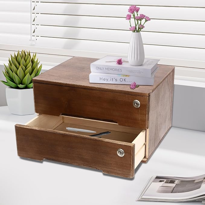 2 Drawer Small Vintage Style Wooden Storage Organizer with Lock for Accessories - Rustic Decorative Box for Office, Desktop Countertop and Incense Storage