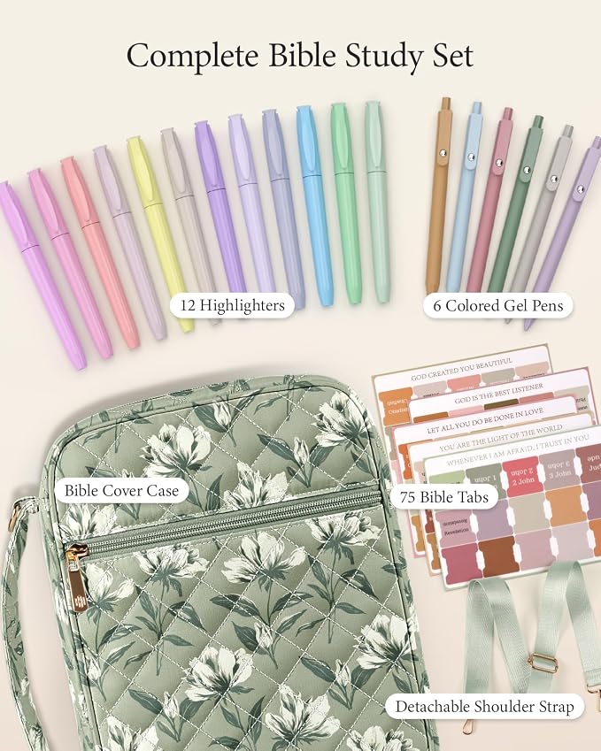 BellaHold Bible Cover Case for Women, Large Bible Bag with Detachable Strap & Bible Study Supplies, 12 Highlighters, 6 Colored Gel Pens & 75 Bible Tabs, Christian Gifts for Women (Sage Green Floral)