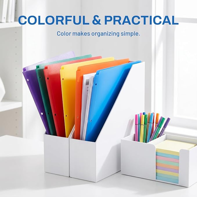 SUNEE 3 Hole Folders with Pockets (12 Pack, Assorted Color), Plastic Folders for 3 Ring Binder, Heavy Duty Binder Folder for Document for School, Students, Teachers, Office Staf