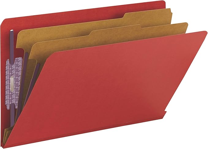 Smead End Tab Classification Folder, Legal, Straight, 2 Dividers, Bright Red, 10 per Box (29783)